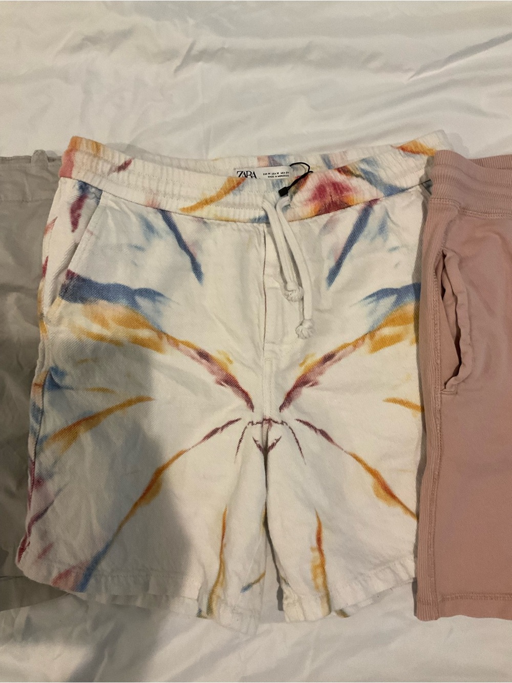 Zara White Tie-Dye Drawstring Men Shorts - Blue, Yellow, Pink